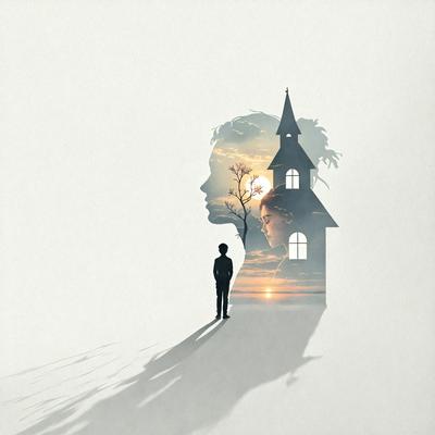 The primary subject of the image is a person, likely a woman, standing in front of a house. The setting is a white background, which creates a clean and minimalist appearance. The visual style is a combination of digital art and illustration, as the person is depicted in silhouette form, with the house and sky in the background. The colors and mood of the image are predominantly white, which gives it a calm and serene atmosphere.